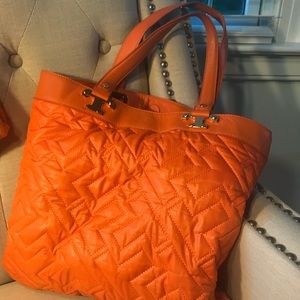 Tory Burch Tote Bag Purse Orange Shoulder Gold